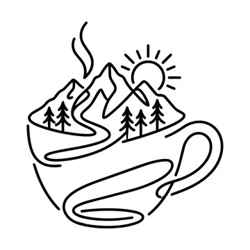 Scenic Mountain Landscape Inside a Coffee Cup with Sun and Trees Illustration