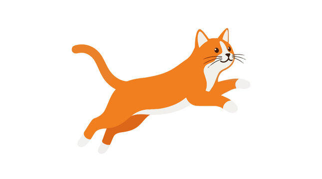 Playful Orange Cat Jumping Across White Background Illustration.
