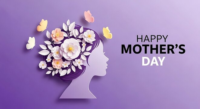 Happy mothers day card with flowers in womans head on purple background
