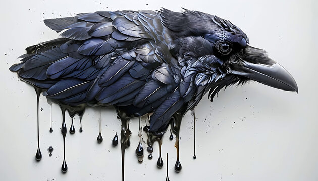 immagine di un corvo che si scioglie lentamente in grandi gocce di inchiostro nero, image of a crow slowly melting into large drops of black ink