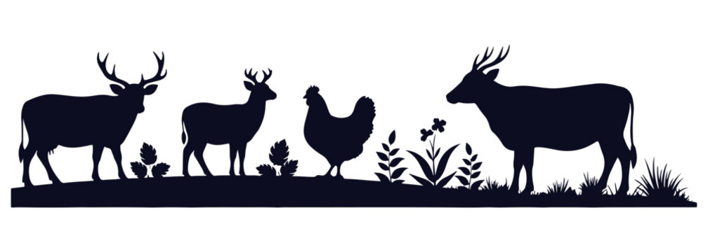Farm-themed vector icons showing animals, plants, and trees in a minimal white background layout.