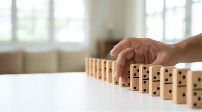 A close-up shot of a hand reaching for a row of wooden dominoes.