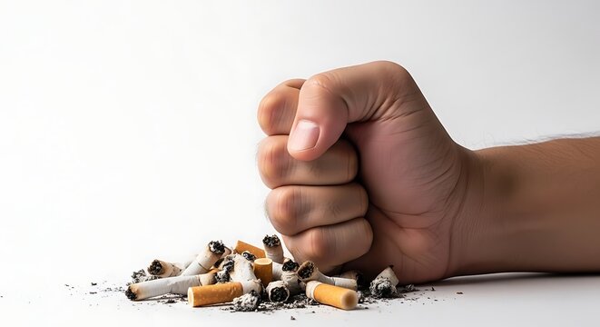 A clenched fist next to crushed cigarettes on a white surface