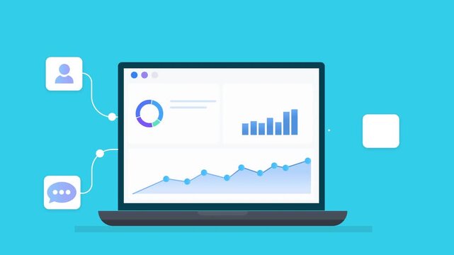 Looping animation of a laptop displaying data dashboard charts with cloud media sharing, showing digital content exchange, monitoring, and modern technology in a clean minimal teal style.