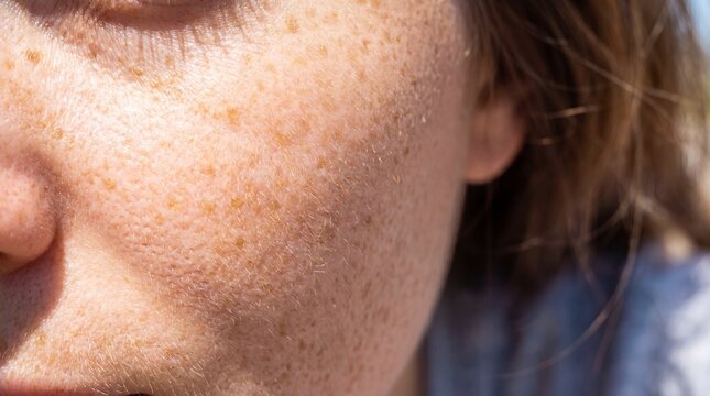 Close-up of facial skin showing freckles and texture, highlighting dermatological health and sun exposure effects.