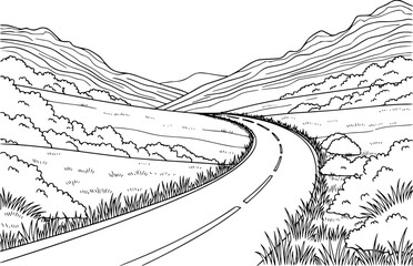 Fototapeta premium Winding country road through rolling hills and grassy fields, black and white line