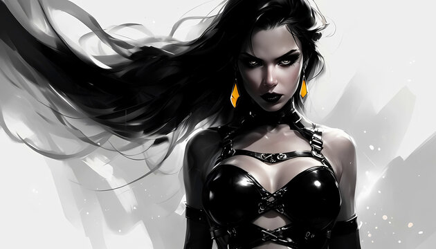 immagine di donna dai lunghi capelli neri al vento e sguardo luminoso vestita di un corsetto di pelle nera, image of a woman with long black hair in the wind and bright eyes, dressed in a black leathe