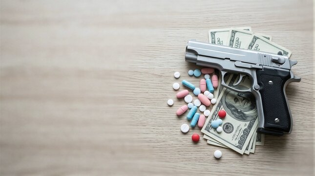 A shot of a gun and pills on a wooden table.