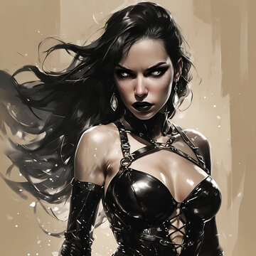 immagine di donna dai lunghi capelli neri al vento e sguardo luminoso vestita di un corsetto di pelle nera, image of a woman with long black hair in the wind and bright eyes, dressed in a black leathe