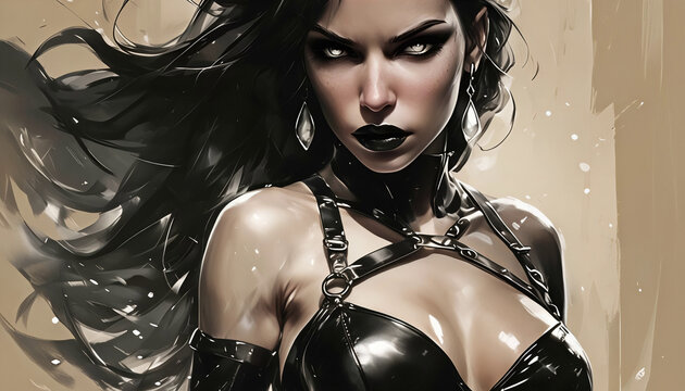 immagine di donna dai lunghi capelli neri al vento e sguardo luminoso vestita di un corsetto di pelle nera, image of a woman with long black hair in the wind and bright eyes, dressed in a black leathe