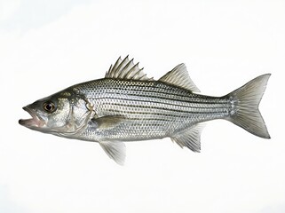 Fototapeta premium High-definition digital graphic of a silver sea bass, set against a stark white backdrop for clear identification.