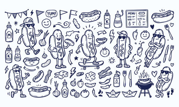 Vector doodle set of hotdog mascots with street food elements. Hand-drawn black line art collection of fast food characters and icons isolated on a light background.