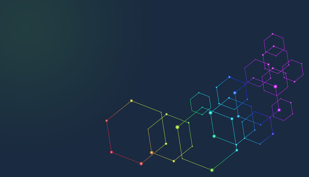 Abstract geometric pattern featuring colorful hexagons and dots on a dark blue background, creating a modern digital design suitable for technology themes