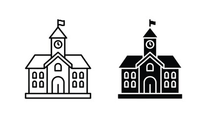 Fototapeta premium School building icon set featuring minimalist outline and solid black silhouette designs for educational institution branding and academic web interface graphics