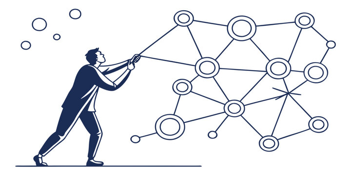 Businessman pulling a complex network of connected nodes with problem solving social network businessman connections business strategy teamwork collaboration