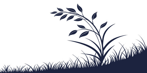 Silhouette of a tall grass stalk or wild grain plant growing on a grassy slope with silhouette landscape environment isolated botanical agriculture decoration © Mamun