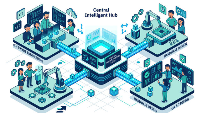 Isometric central intelligent hub connecting software engineering, hardware design and testing, vector illustration.
