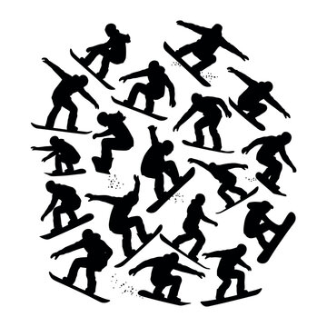 Set of snowboarder silhouettes performing various tricks