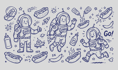 Vector doodle set of astronaut hotdog mascots with street food elements. Hand-drawn black line art collection of fast food characters and icons isolated on a light background. © Avartde