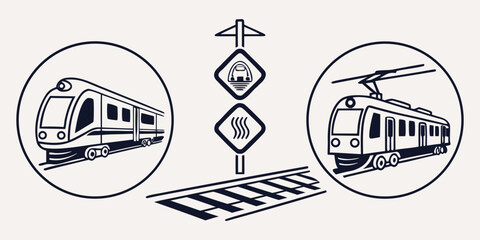 Collection of modern railway transport icons and train safety warning signs vector graphic set with transportation railroad electric illustration collection isolated © Mamun