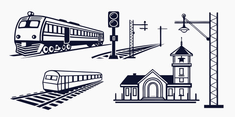Railway and train station design elements including modern locomotive metro rail car signal infrastructure and station building with clock tower locomotive transport © Mamun