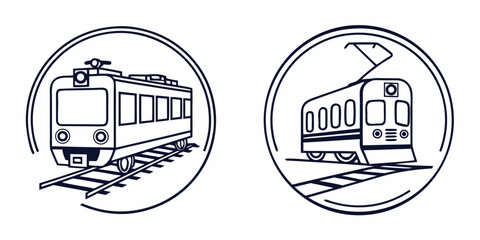 Minimalist line art icons of a modern train and electric tram on railway tracks inside circular frames for logo or web design elements with transport, locomotive © Mamun