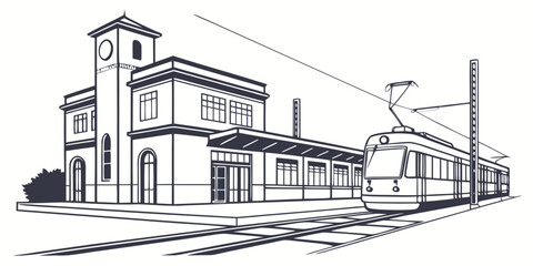 Line art illustration of a modern tram arriving at a classic railway station platform featuring a clock tower building and tracks transport platform architecture © Mamun