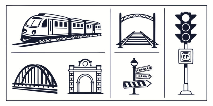 Collection of railway transport graphics featuring modern passenger train rail bridge signal light and directional signpost illustration transport signpost locomotive