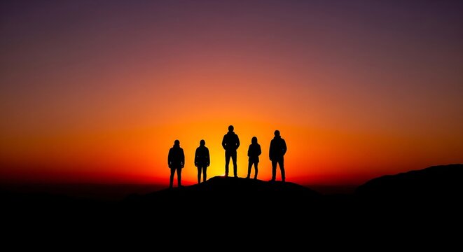 Five friends standing together as powerful silhouettes on a vast mountain ridge during a stunning vibrant orange red sunset sky creating an inspirational dramatic outdoor view of unity freedom