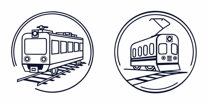 Minimalist line art icons of a modern train and electric tram on railway tracks inside circular frames for logo or web design elements with transport, locomotive