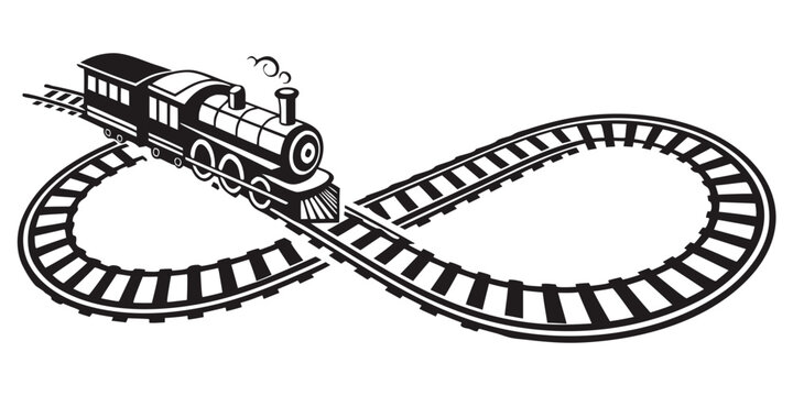 Vintage steam locomotive engine running on a figure eight infinity train track graphic illustration with locomotive infinity railroad transportation illustration