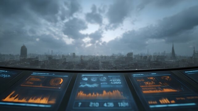 A high tech interface panel displaying complex big data analytics against a moody urban skyline under stormy skies