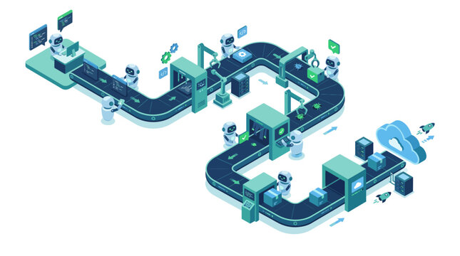 Isometric software development conveyor belt with robots coding, debugging, and deploying, vector illustration.