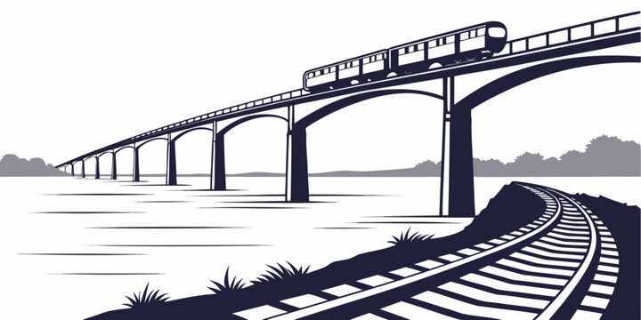 Minimalist line art illustration of a modern passenger train crossing a long arched bridge over a calm body of water with railway tracks in the foreground, transport