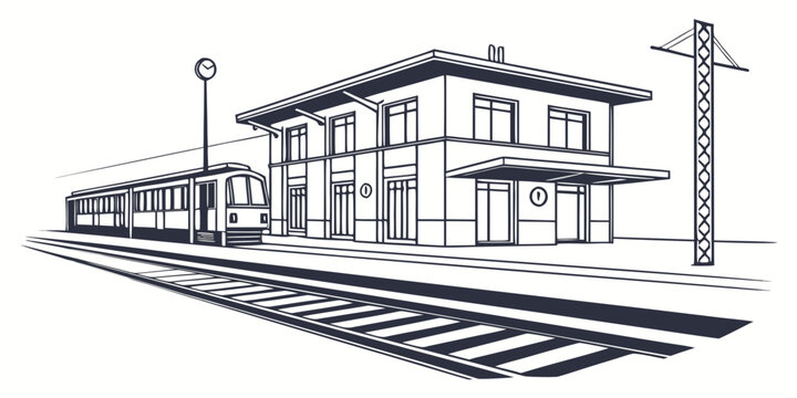 Passenger train stopped at a two story railway station building with a platform clock and electrical mast minimalist line art vector illustration building platform