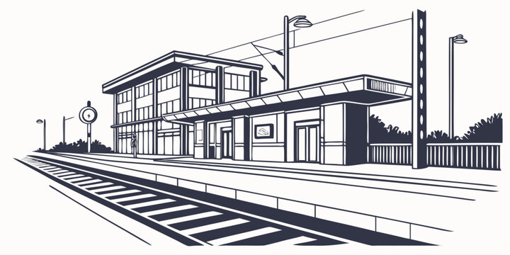 Modern railway station platform and terminal building with train tracks and overhead electrical lines minimalist black and white line art illustration platform building