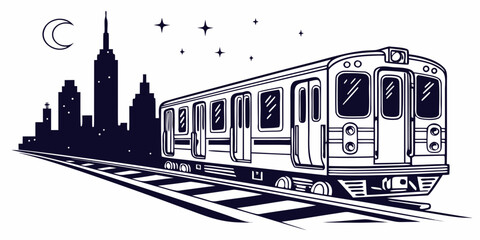 Graphic illustration of a subway train on tracks with a city skyline silhouette at night under a crescent moon and stars transportation railroad passenger silhouette © Mamun