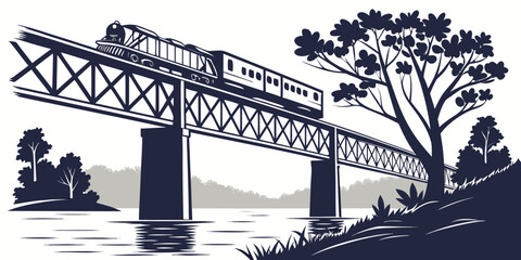 Illustration of a vintage passenger train traveling over a metal girder bridge crossing a river with transportation railroad locomotive landscape engineering © Mamun