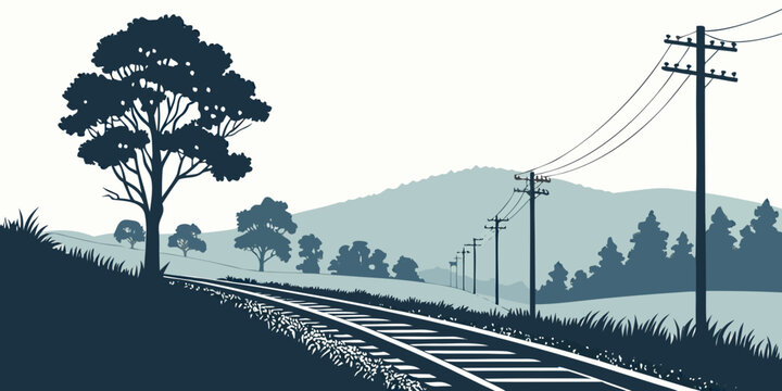 Scenic illustration of railway tracks and utility power poles along a grassy hillside with mountains in the background mountains landscape illustration transportation