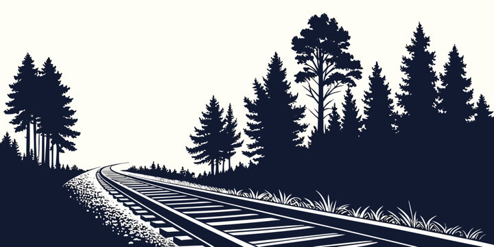 Silhouette illustration of curved railroad tracks receding into a dense pine forest landscape under a clear sky with silhouette landscape transportation background