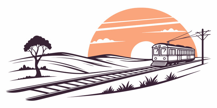 Stylized retro illustration of a passenger train on railway tracks with a large setting sun and rolling hills in the background railroad landscape transport passenger