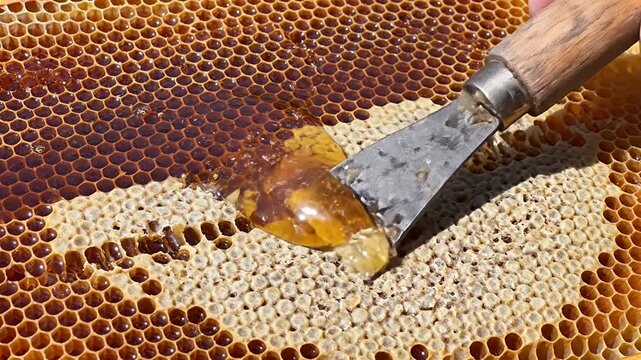 Close up of honeycomb being harvested with sunlight and texture
