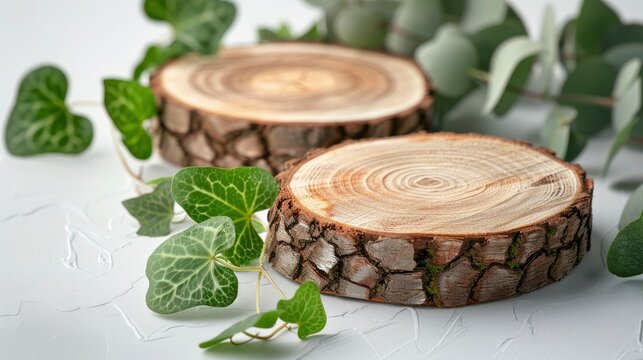Rustic wood rounds with trailing ivy leaf on white background clean vector graphic for natural product marketing