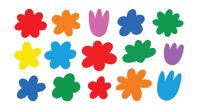 Set of simple abstract colorful flowers in a playful children&rsquo;s drawing style with bright floral icons.