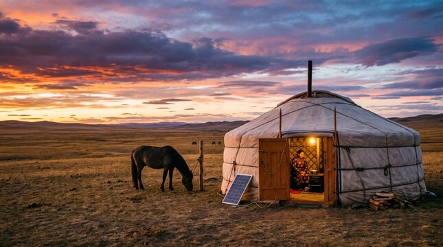 Traditional ger dwelling in mongolian steppe at dusk with grazing horse and solar power.
