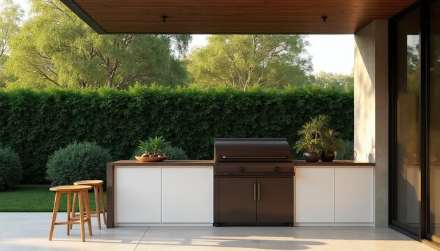 Modern outdoor kitchen with integrated grill on patio. Sleek cabinets and counter space connect to rich green backyard. Stylish furniture complements this luxury setup.
