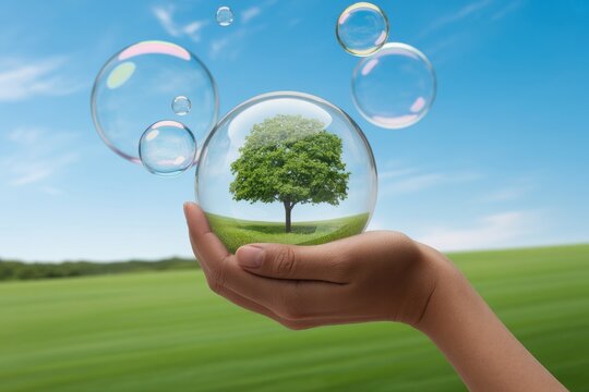 Hand holding a glass orb containing a green tree with floating soap bubbles