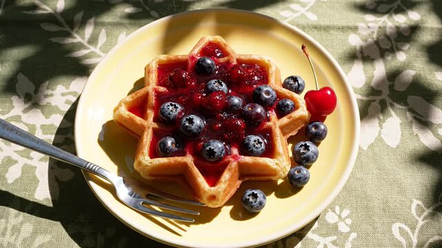 Star shaped waffle with berries on a yellow plate overhead shot