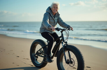 Fototapeta premium Smiling senior woman rides fat tire bike on sandy beach. Ocean waves and sky create backdrop for active retiree enjoying outdoor exercise and freedom.