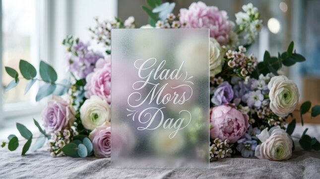 A delicate frosted glass surface with etched lettering &ldquo;Glad Mors Dag&rdquo;, surrounded by soft blurred flowers behind the glass, diffused lighting